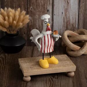 Chef Rooster Figurine with Red Stripes and Yellow Shoes Chef Rooster Figurine